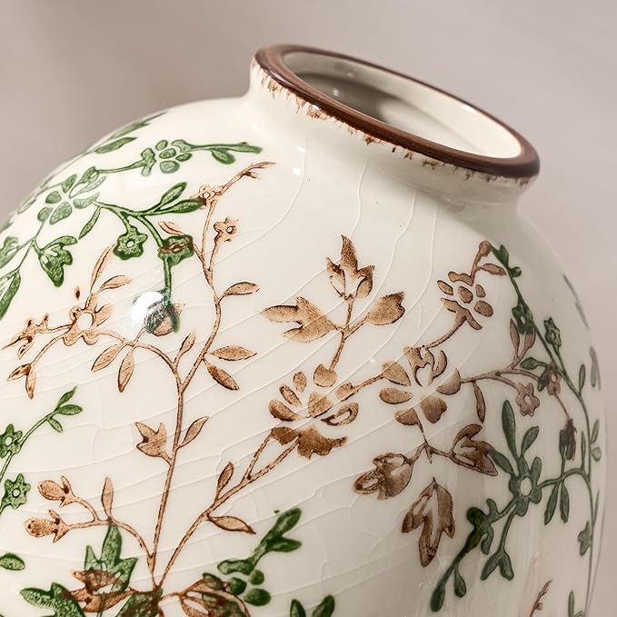 Green and Beige Antique Vase, 5.83 Inch Vintage Chinoiserie Floral Vase, Rustic Ceramic Vase for Home Decor, Living Room, Bookshelf, Office, Entryway, Garden, Chinoiserie Decor, Tuscan Decor