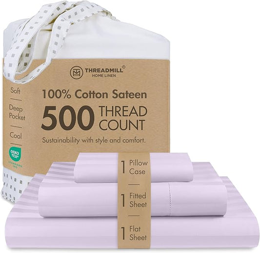 Threadmill 500 Thread Count Twin Size Damask Stripe, 3 Pc Luxury Cotton Sheet Set, Breathable & Silky Soft Lilac Sheets with 15" Elasticized Deep Pocket, 1 Pillowcase & Free Tote Bag