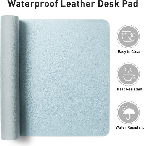 Aothia Leather Desk Pad - Non-Slip PU Leather Protector & Mouse Pad | Waterproof Office Mat (36" x 17", Baby Blue)