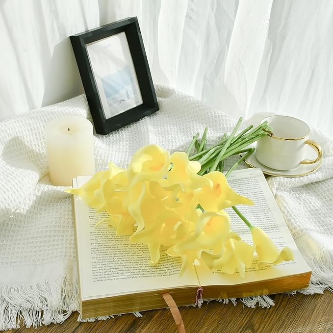 Mandy's PU Light Yellow Calla Lily Artificial Flowers 20 Stems 13.5in Faux Realistic Centerpiece for Thanksgiving and Christmas Decorations DIY Bridal Bouquet Home Décor