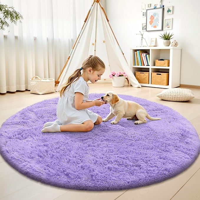 OLANLY Light Purple Round Rugs for Bedroom - Machine Washable, 7 ft Circle Area Rugs for Living Room, Soft and Fluffy Shaggy Carpet for Teen Girls and Boys, Nursery Rooms, Dorms, Home Decor Aesthetic