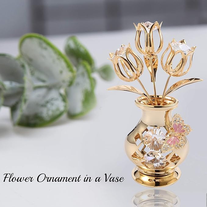 Matashi 24K Gold Plated Crystal Studded Flower Ornament in a Vase with Decorative Butterfly, Christmas, Mother's Day, Valentine's Gift, Tabletop Centerpiece (Clear Crystals)