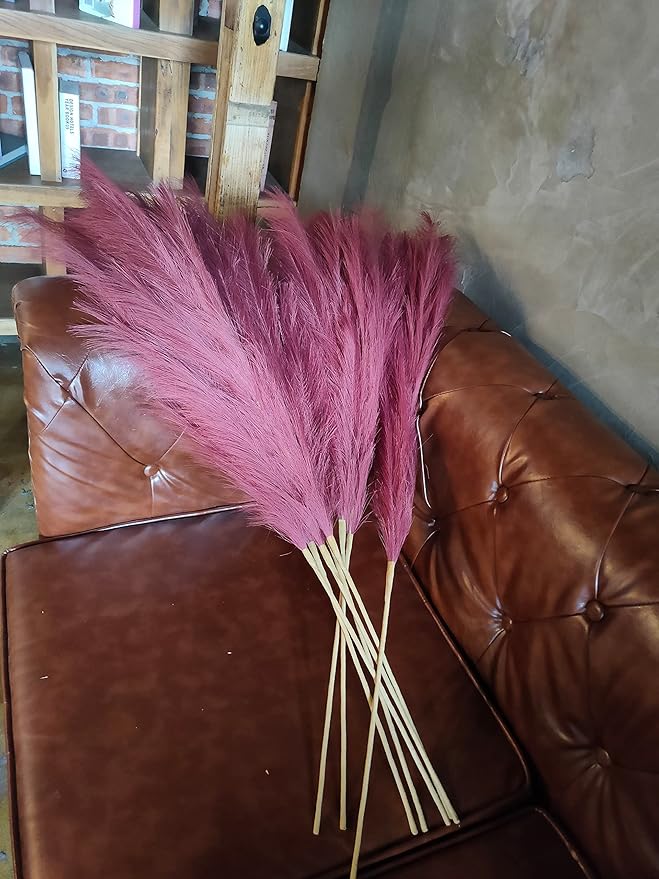 Premium Faux Pampas Grass Decor Tall & Fluffy, No Assembly Needed Long Pampas, Burgundy Red Large Floral, Elegant Feather Flowers for Wedding Decor(Faux Claret Red, 8pcs 43.3"(110cm))