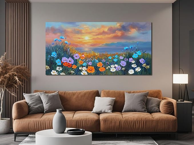 Ardemy Landscape Wall Art for Living Room Extra Large Wildflower Pictures Wall Decor Coastal Sunset Floral Canvas Textured Bedroom Flower Paintings Artwork Home Office, 40"x20"