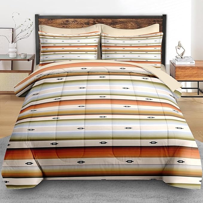 Comforter Set King Size, Geometric Tribal Striped 7 Pcs Bedding for Kids and Adults, Boho Modern Colorful Bed Sheet Sets with Fitted Sheet 2 Pillowcase & 2 Sham for Bedroom Bed Decor