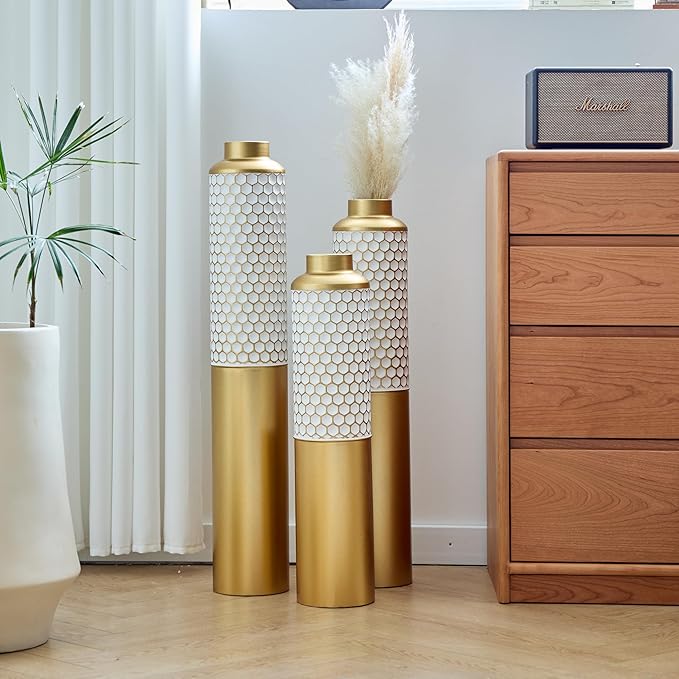 Metal Floor Vases Decorative, Set of 3 Flower Arrangement Stand, Gold＆White Hexagon Metal Floor Vases for Living Room, Bedroom & Entryway, 32.6", 28.34", 24" H (Gold＆White Hexagon)