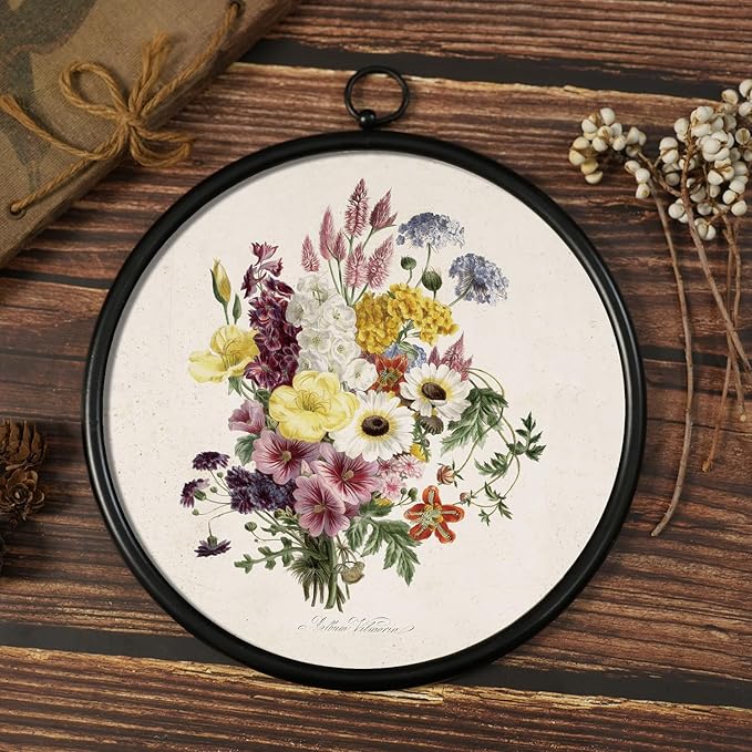XIAOAIKA Round Vintage Wall Hanging Decor, Printed Textured Surface with Wood Back, Flower Bouquet Design, Black Metal Frame, Ready to Hang for Living Room Bedroom, 10 Inch