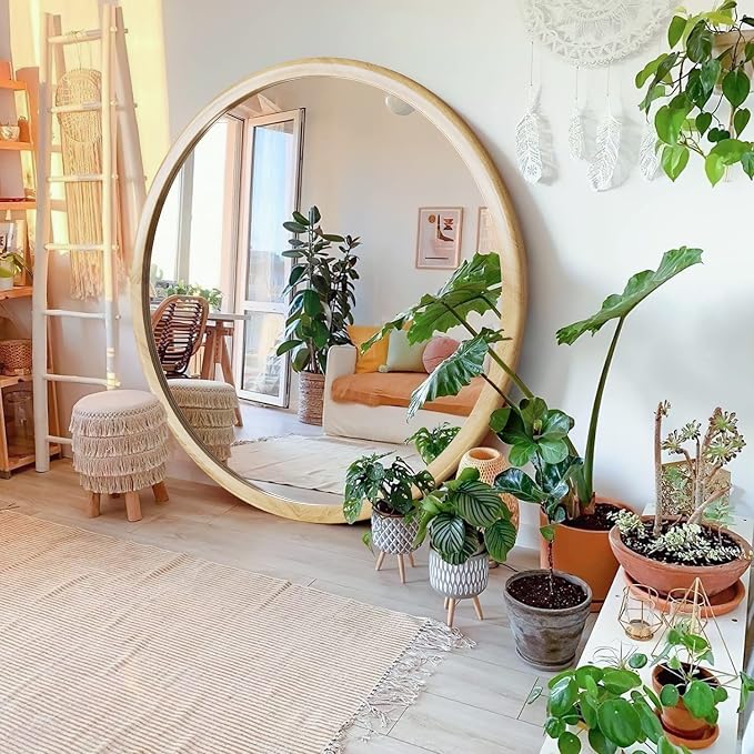 Round Wood Mirror,36 inch Circle Wooden Natural Large Farmhouse Vanity Boho Decor Wall Mirror for Bathroom Bedroom Living Room Hallway