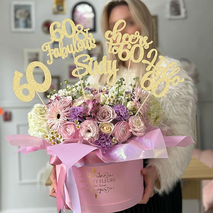 Gyufise 15Pcs 60th Birthday Centerpiece Sticks Sixty Happy 60th Table Flower Centerpieces Sticks Cheers to 60 Floral Decorations for 60th Birthday Party Centerpieces Supplies Gold
