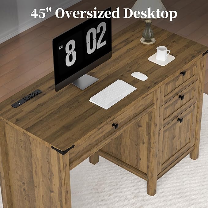 Executive Desk, Farmhouse Computer Desk with Drawers & Cabinet, Home Office Desk for Work Study Writing Workspace (Light Brown, 45")