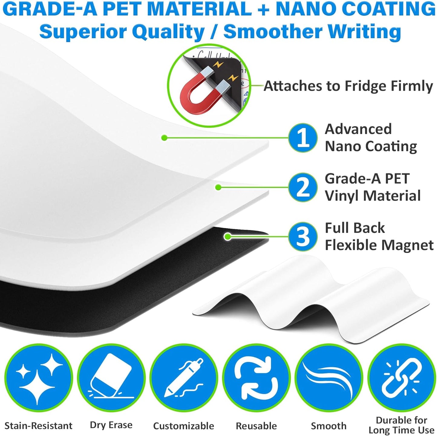 YES4QUALITY Magnetic Dry Erase Whiteboard Sheet - Stain Resistant 12x8 in | Includes 3 Markers & Big Eraser