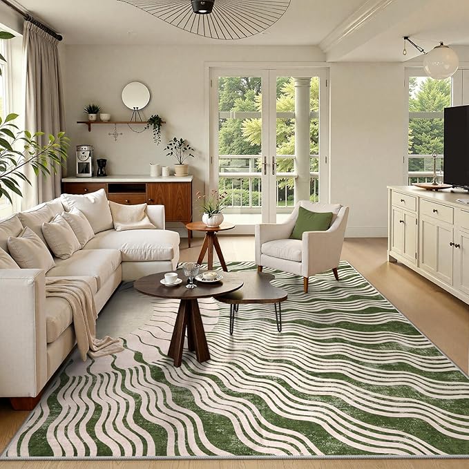 Hedlive Boho Washable Rug 6x9, Soft 6x9 Green Rugs for Living Room Classroom, Ultra-Thin Non Slip Bedroom Rug Stain Resistant Large Carpet for Dining Room Nursery(6'x9',Green/Multi)