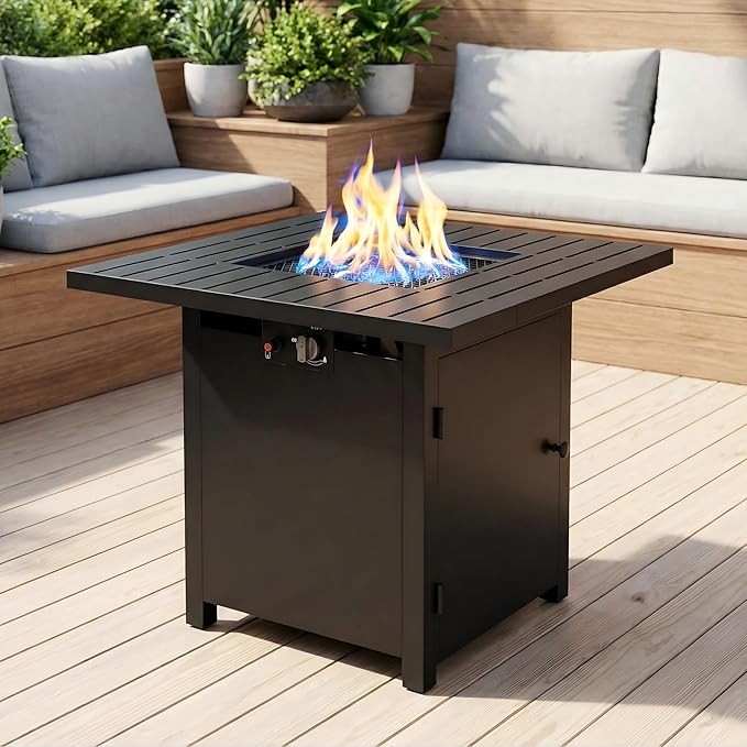 FansaFurn 30'' Propane Fire Pit Table, 50000 BTU Gas Fire Pits Table with Removable Lid and Lava Rock, Square Fire Table with Cover, Ideal for Dining or Party on Patio, Garden, Yard, Black