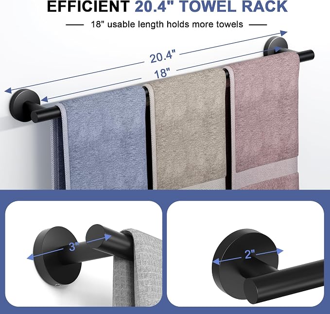 Matte Black Towel Bar, 18 Inch Towel Racks for Bathroom Wall Mounted, SUS304 Stainless Steel Bathroom Towel Holder, Total Length 20.4 Inch Towel Bars