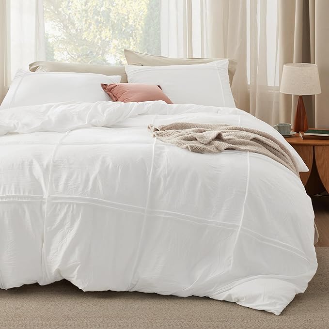 Bedsure Grid Boho Duvet Cover King Size - Shabby Chic Tufted Boho Bedding Set, 3 Pieces Shabby Chic Home Bedding for All Seasons, Includes 1 King Duvet Cover & 2 Pillowcases (White, 104" x 90")