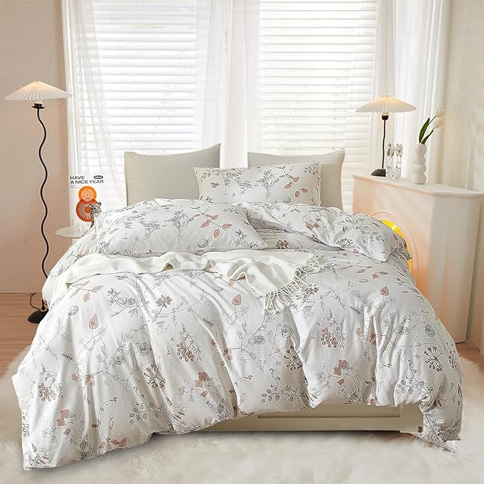 EAVD Vintage Style Garden Floral Duvet Cover Queen Soft Cotton Chic Floral Bedding Set with 2 Pillowcases Aesthetic Spring Botanical Duvet Cover Set for Girls Women
