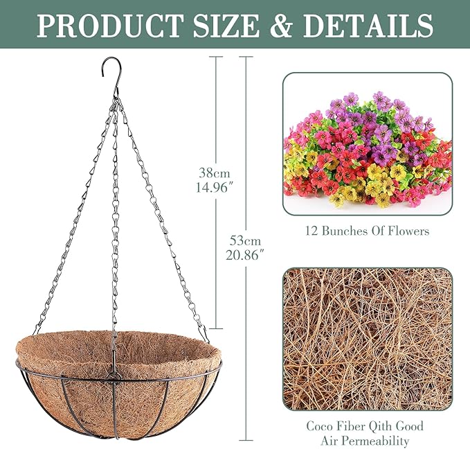 AGIRL Artificial Flowers Hanging Plants in Basket,Artificial Hanging Flowers for Outdoor Indoor Decor,UV Resistant Hanging Baskets with Fake Flowers for Patio Garden Porch Deck Decoration