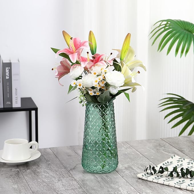 Glass Vase, Green Flower Vase for Bouquet, Large Glass Vases for Flowers, Modern Vases for Living Room, Bedroom, Dining Table, Office, Kitchen, Wedding, 9 Inches