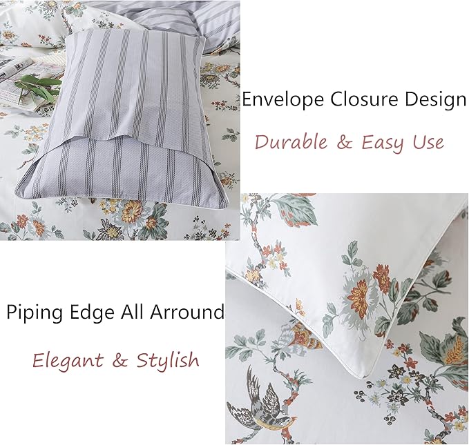 FADFAY Duvet Cover Set Elegant Floral Bedding Shabby Beige Bird Flower Quilt Cover Set Vintage Farmhouse Bedding 100% Cotton Comforter Cover Set with Zipper Closure 3Pcs, King/California King Size