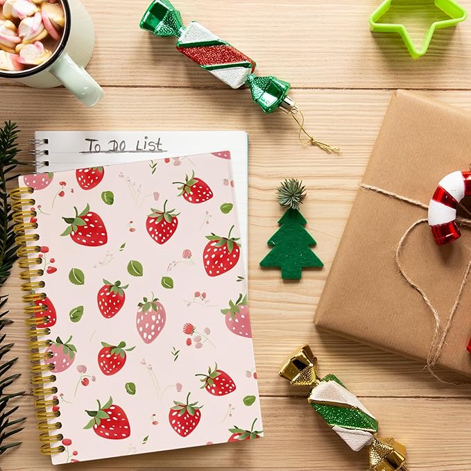 JKMBN Cute Strawberry Journaling Notebooks, Preppy Pink Spiral Notebook, Pink Office Supplies, Cute Notebooks for Women Girls, Hardcover Spiral Notebooks College Ruled 5.5 x 8.3