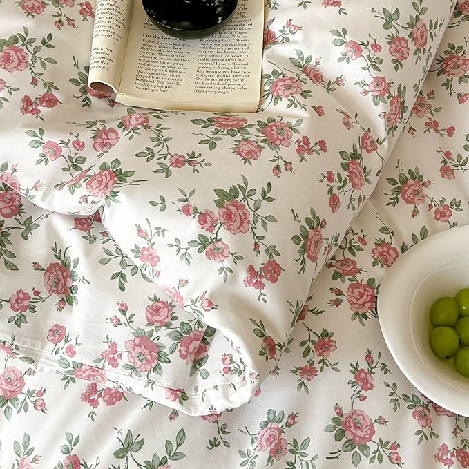 VM VOUGEMARKET Pink Floral Duvet Cover Queen 3 Pieces Cotton Girls Cottagecore Bedding Set,Peach Flower Comforter Cover with Zipper Closure,Vintage Country Bedding 90x90