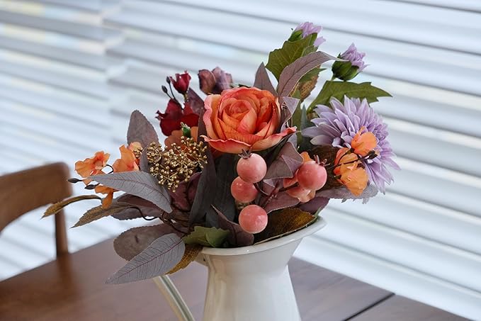Set of 2 Fall Themed Artificial Flowers Bouquets for Fall Decor, Life-Like Autumn Colored Faux Peonies Dahlias Daises Berries Bouquets for Vase, Fall Floral Arrangement for Home Table Centerpiece