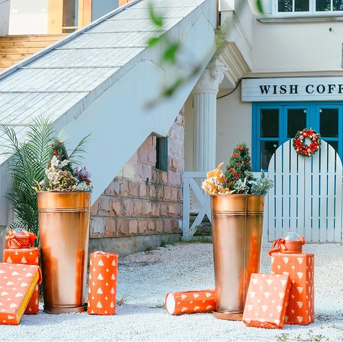 28in Tall Copper Planters Set of 2,Galvanized Steel Tall Outdoor Planter for Indoor/porches- Copper Color(2planters,2inner pots with Holes,2trays)