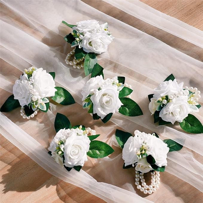 Meldel White Ivory Rose Prom Wrist Corsage for Wedding, Set of 6, Bridesmaid Bridal Hand Flowers Corsage for Prom, Wrist Flower for Wedding Ceremony Anniversary, Dinner Party, Rustic Vintage Wedding