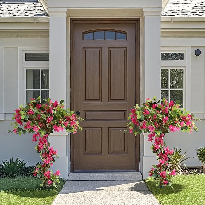 Damomo 4 Feet Artificial Bougainvillea Trees, Fake Bougainvillea Flowers Plant with Ground Spike, Outdoor Faux Azalea Blooming Plants 2 Packs for Decor Front Porch Indoor or Home Office (47 inch)