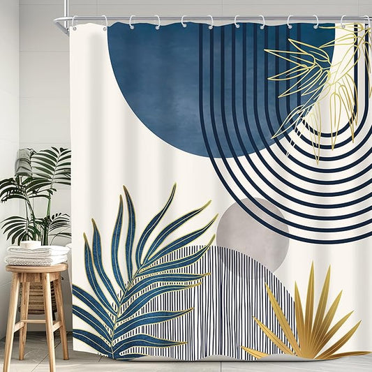 KOMLLEX Mid Century Boho Shower Curtain for Bathroom Decor Abstract Modern Sun Minimalist Aesthetic Arch Curve Leaves Geometric Navy Blue Gray Neutral Fabric Waterproof Polyester 12 Hook 72Wx72L