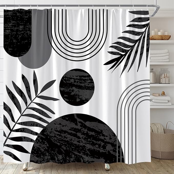 Mid Century Modern Shower Curtain Boho Black and White Abstract Retro Aesthetic Fabric for Bathroom Decor Bathtub with Hooks (59" WX70 H)