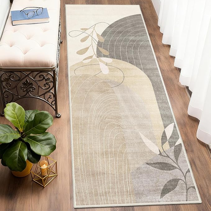 MUJOO Washable 2x6 Runner Rugs for Kitchen Hallway Bedside Bathroom Laundry Room Bedroom,Boho Long Area Rug Non Slip Carpet Throw Rug Mid Century Modern Abstract Botanical Geometric Neutral Beige