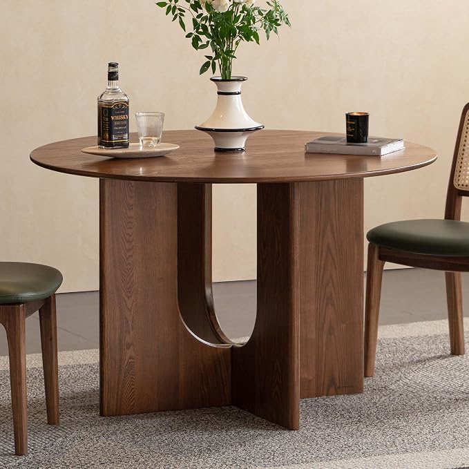 YESWOOD 43.3’’ Round Dining Table for 4-6, 100% Solid Wood Kitchen Table with U-Shaped Pedestal Base, Farmhouse Circle Modern Dinner Table for Dining Room, Living Room (Imported Ash Wood, Walnut)