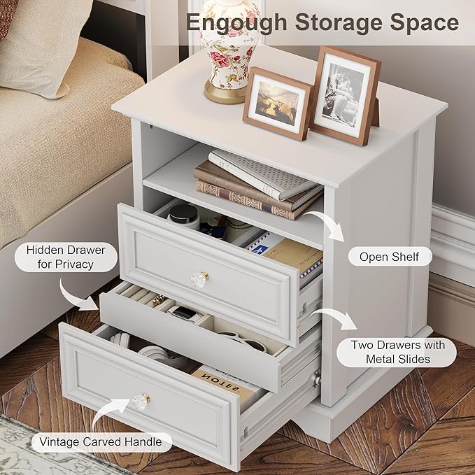 XIAO WEI Nightstand with Hidden Drawer Set of 2, 2-Drawer Nightstand with Open Shelf – Sturdy Wood Bedroom End Table for Storage, Modern Furniture for Bedroom Organization,White