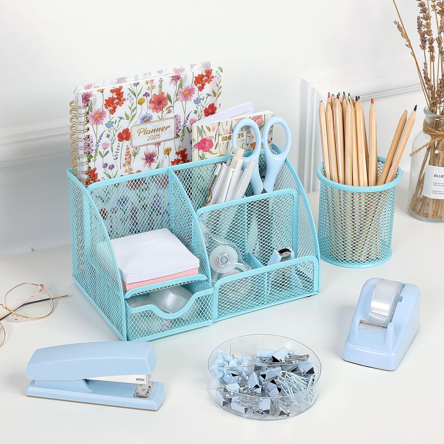 SKYDUE Office Supplies Set - Blue Mesh Desk Organizer with Stapler, Tape Dispenser & Scissors | 1000 Staples Included