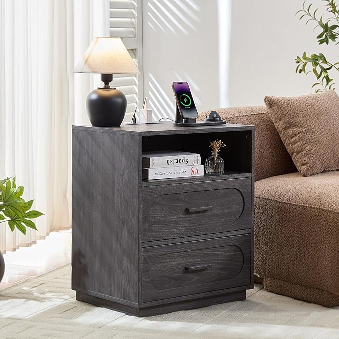 Night Stand Set of 2 with Charging Station, 25.8" Tall Wide Wood End Table with 2 Storage Drawers and Open Shelf, Mid Century Modern Bedside Table for Bedroom, Living Room, Gray