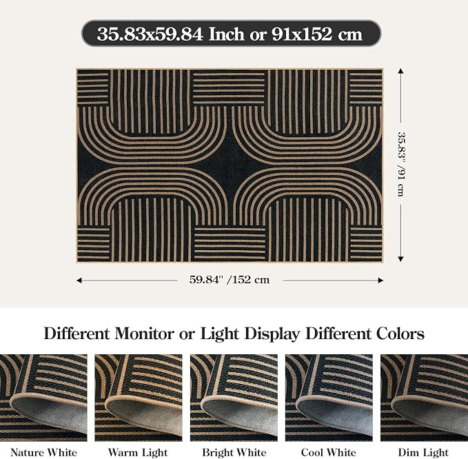 Lahome Enfys Modern Geometric Outdoor Easy Jute Rug, 3x5 Indoor Outdoor Rugs for Entryway Black Living Room Carpet, Farmhouse Washable Non Slip Carpet for Patio Courtyard Bedroom