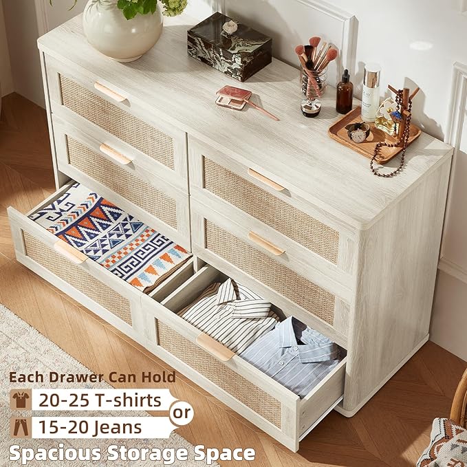 LEYAOYAO Rattan 6 Drawer Dresser for Bedroom, Boho 48" Wide White Dresser Chest of Drawers, Dressers TV Stand with Metal Handle, Storage Dressers Closet Organizer for Living Room, Hallway