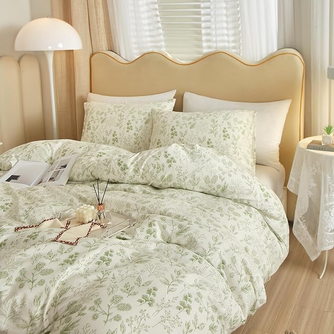HighBuy 3 Pieces Duvet Cover Queen White Duvet Cover with Green Floral Print,Coquette Soft Cotton Comforter Cover Boho Style,Aesthetic Queen Bedding Set with Zipper Closure 4 Ties,All Season