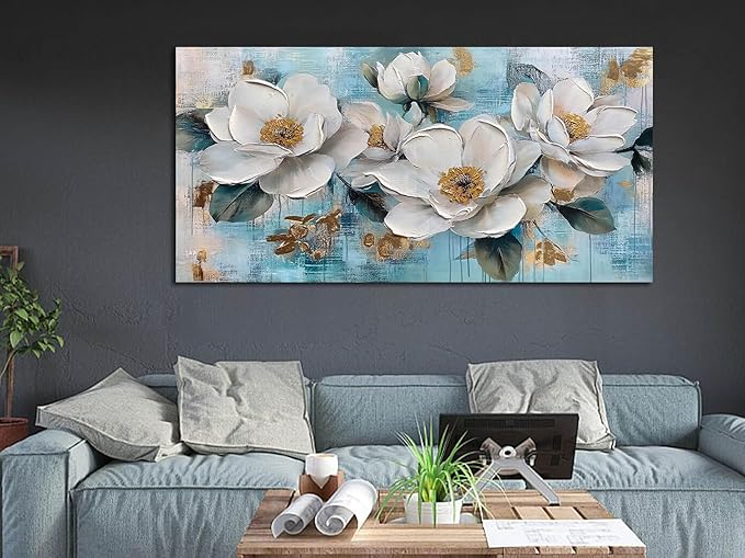 Ardemy Flower Wall Art for Living Room White Floral Canvas Art Wall Decor, Magnolia Teal Picture Textured Painting Turquoise Artwork Bedroom Dining Room Kitchen Home Office 40"x20"