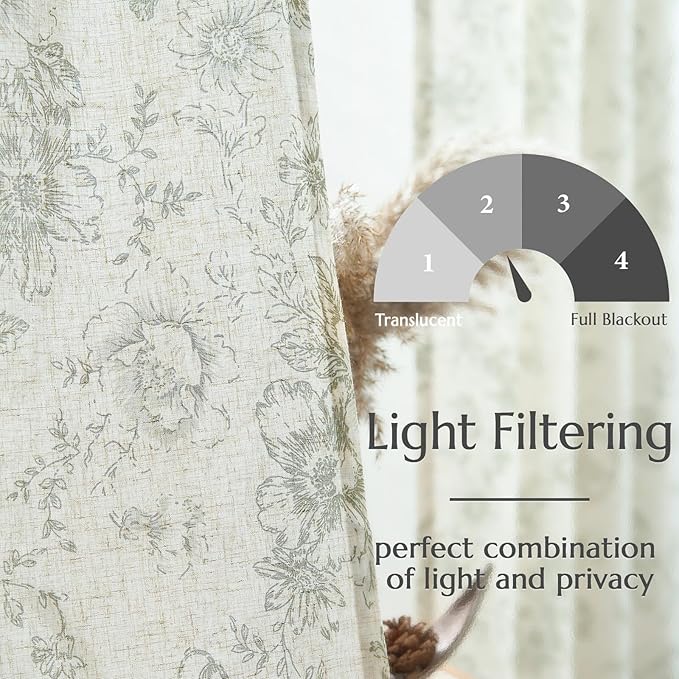 jinachan Linen Floral Curtains 100 Inch Extra Wide for Patio Sliding Glass Door Room Divider Curtain for Living Room 90 Inch Length Farmhouse Peony Christmas Green Printed Curtain Set 1 Panel