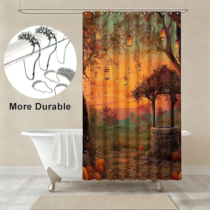 Fall Pumpkins Shower Curtain Autumn Thanksgiving Tree Shower Curtains for Bathroom Waterproof Fabric Bath Curtain Decor with Hooks