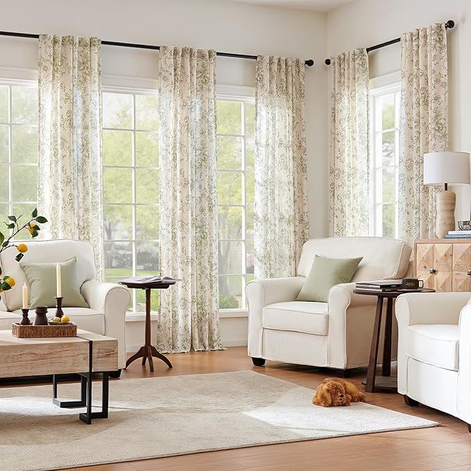 jinachan Linen Blend Floral Curtains for Living Room 96 Inch Length Christmas Sage Green Printed Curtain Rod Pocket Back Tab Farmhouse Peony Flower Patterned Drapes Bedroom Curtains Set 2 Panels