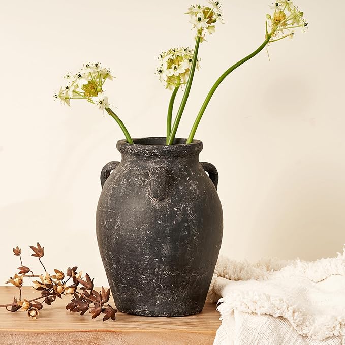 Terracotta Vase with 3 Ear | Handmade Black Ceramic Pottery 9.5'' Tall | Large Distressed Unique Vintage Vase | Rustic Farmhouse Pottery for Flowers | Textured | Wide Mouth | Centerpieces.