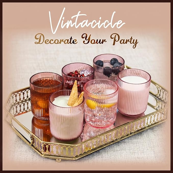 Pink Ribbed Drinking Glasses Set of 6,8.5oz Vintage Highball Tumblers,Colored Glassware for Juice,Milk,Coffee & Cocktails,Gift for Party,Housewarming,Mother's Day