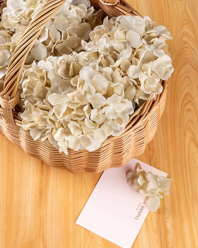 DuHouse 8.7" Silk Hydrangea Flower Heads with Stems Fake Hydrangeas Flowers for DIY Wedding Centerpiece Home Decor, Pack of 6(Sand)