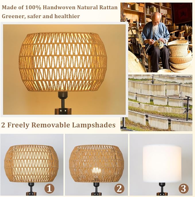 LAMSU Boho Tripod Floor Lamps for Living Room, Wood Floor Lamp with Shelf, Mid Century Modern Standing Lamp with Rattan Shades, Foot Switch, Rustic Farmhouse Tall Lamps for Bedroom Office, Brown