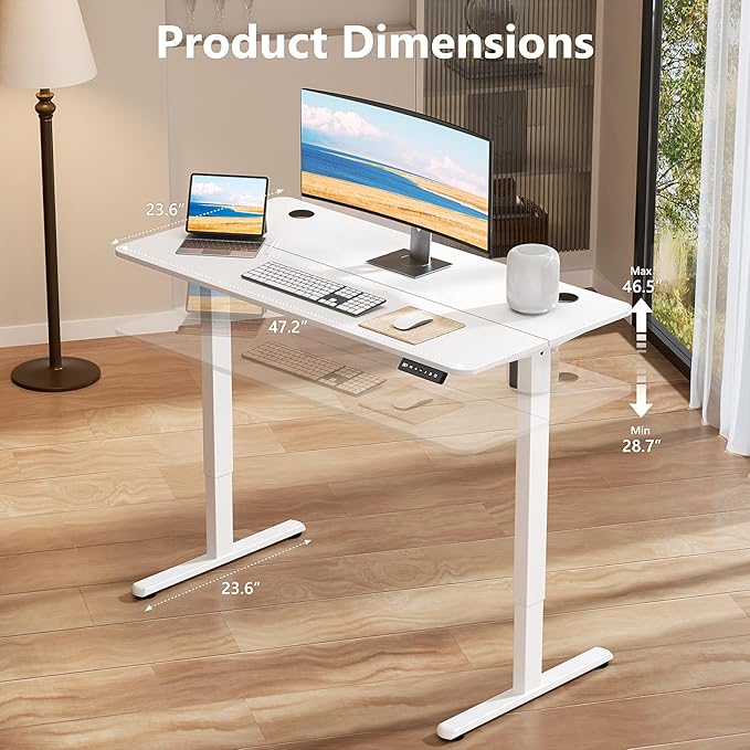Standing Desk Home Office Desk, 48 x 24 Inches, Electric Height Adjustable Ergonomic Rising Computer Table, 4 * 2ft, White Desk