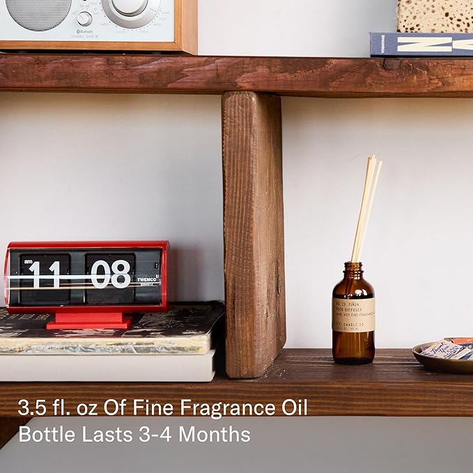 P.F. Candle Co. Piñon Classic Scented Rattan Reed Diffuser (3.5 fl oz) Amber Glass Jar, Fine Fragrance Oil, Flame-Free Fragrance, Made in The U.S.A.