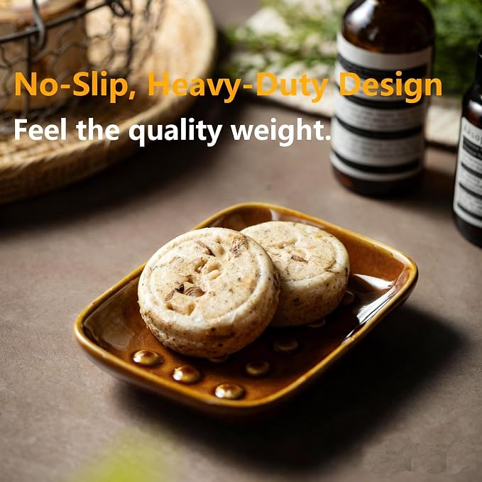 Miamolo Soap Dish for Shower, Ceramic Soap Dish for Bar Soap Sponge, Soap Holder Saver Tray for Bath Kitchen Sink Bathtub, Farmhouse Decor, Raised Pattern - Keep Soap Dry, Dark Brown